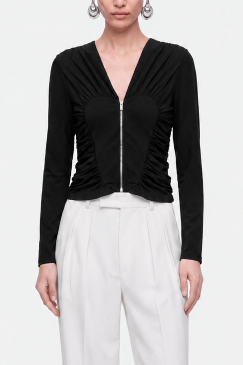 Ruffle Trim Zip Front Blouse, Main, color, Black