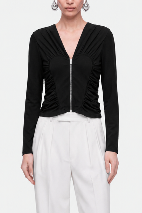 Ruffle Trim Zip Front Blouse