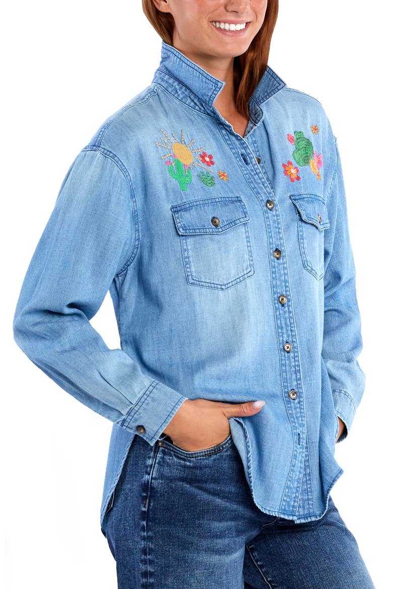 Wild Cactus Embrodiered Denim Button-Up Shirt, Alternate, color, DENIM