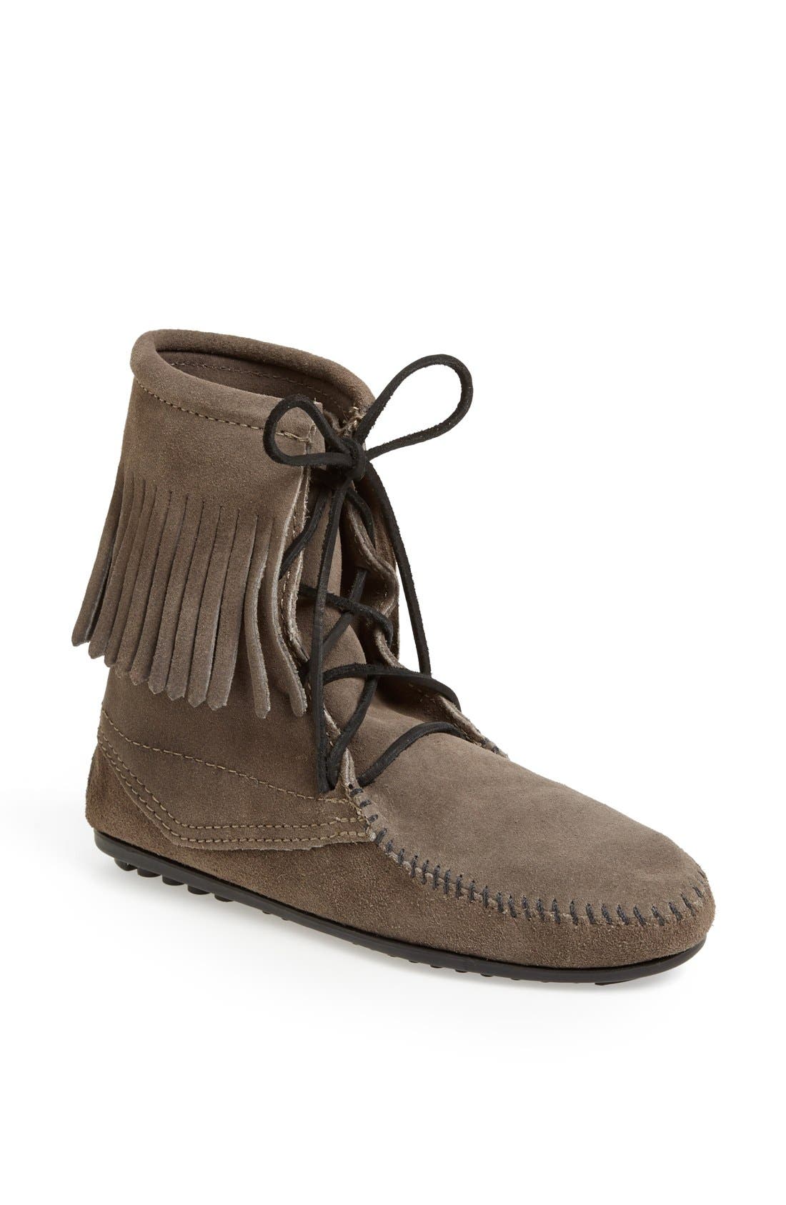 'Tramper' Fringed Suede Ankle Bootie, Main, color, GREY
