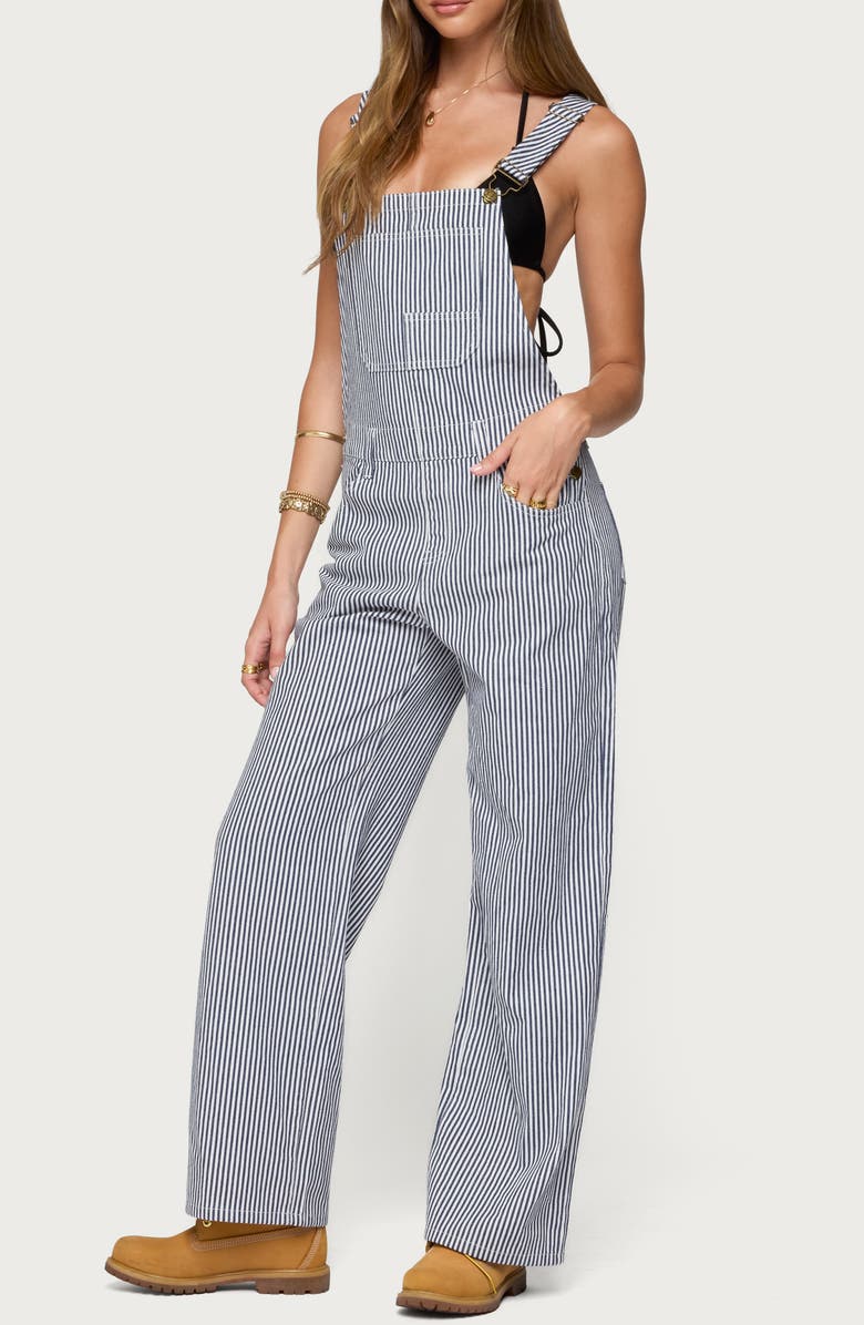 EDIKTED Tamsin Stripe Denim Overalls, Alternate, color, Navy-And-White