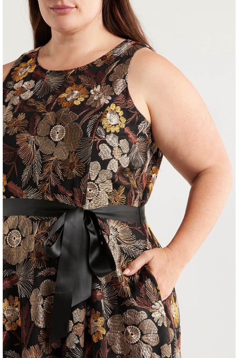 Embroidered Tie Waist Midi Dress, Alternate, color, BROWN GOLD
