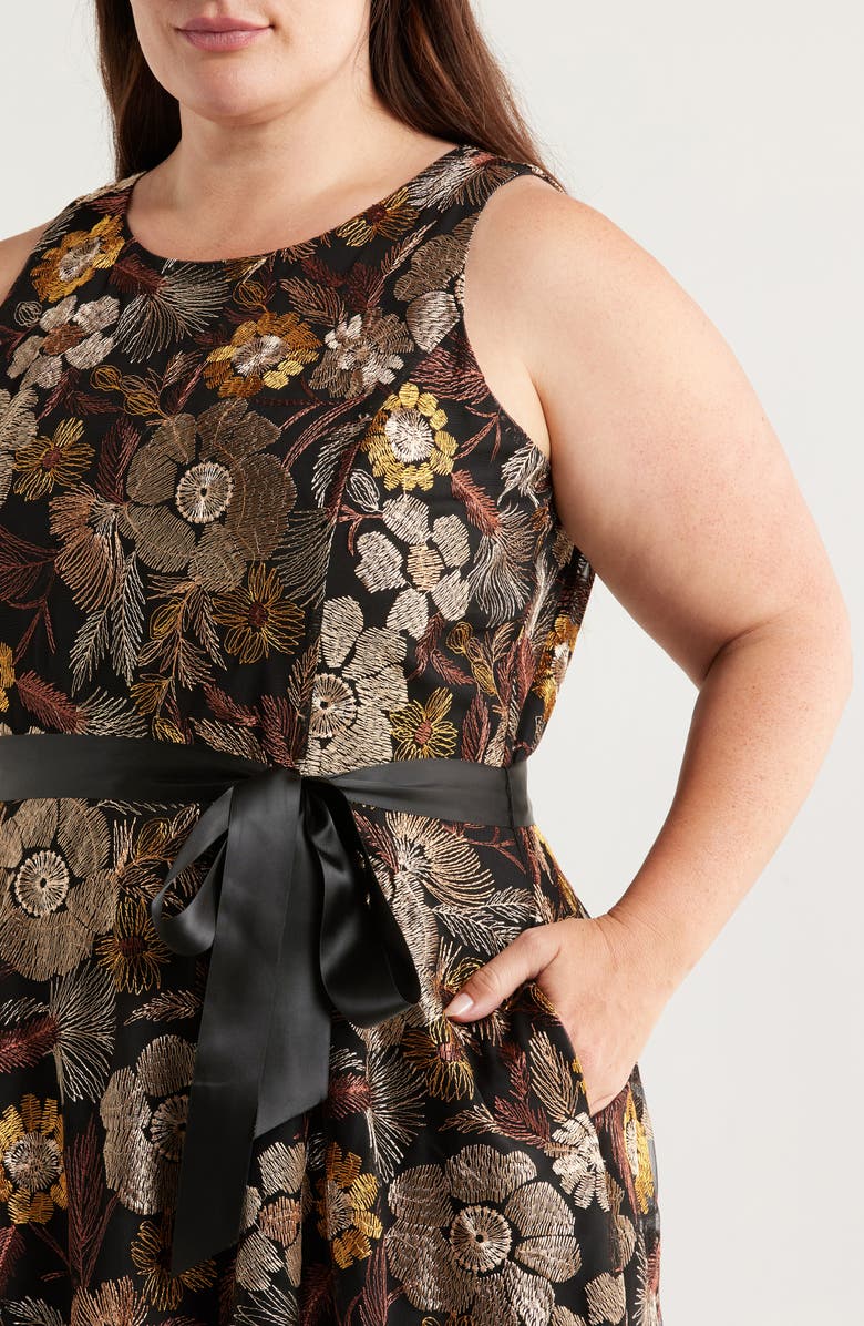 Tahari ASL Embroidered Tie Waist Midi Dress, Alternate, color, Brown Gold