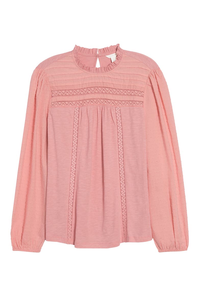 Pintuck Lace Detail Long Sleeve Cotton Blouse, Alternate, color, PINK BRIDE