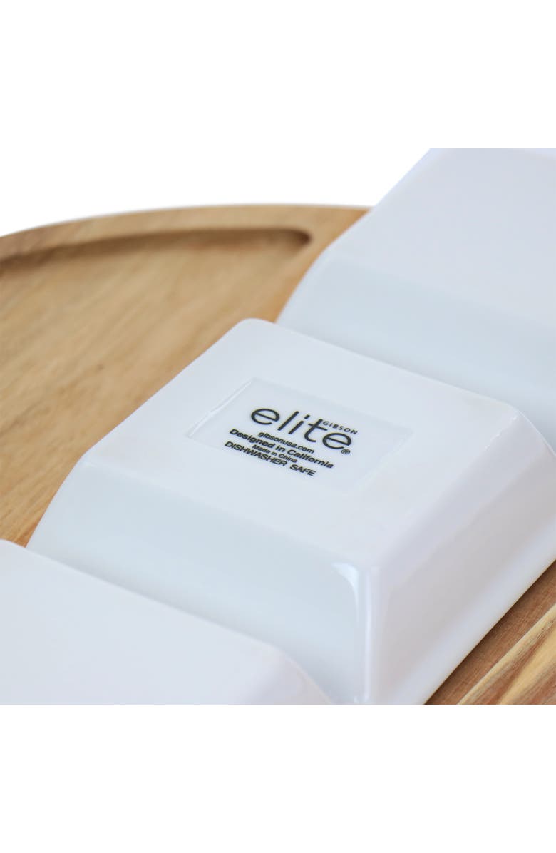 Gibson Elite Gracious Dining 4 Piece Fine Ceramic Sectional Tray Set with Acacia Wood Base, Alternate, color, White