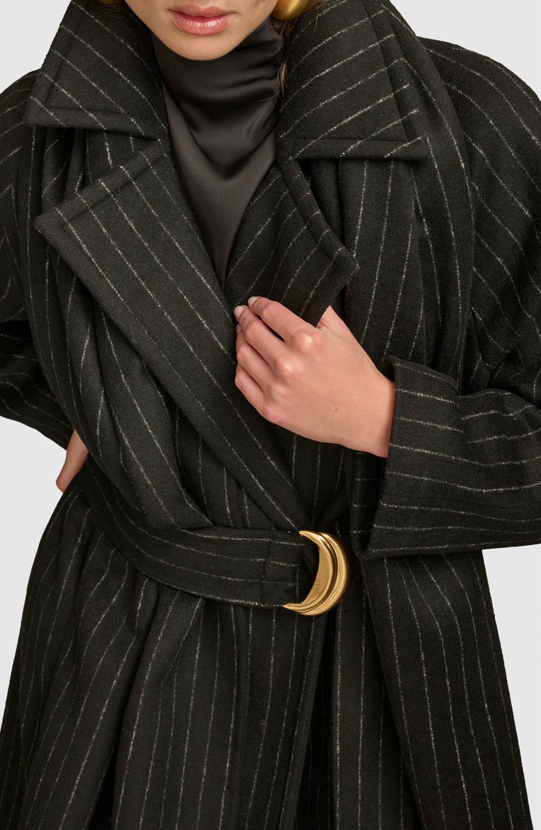 Donna Karan New York Wool Blend Coat with Scarf, Alternate, color, Black Chalkstripe