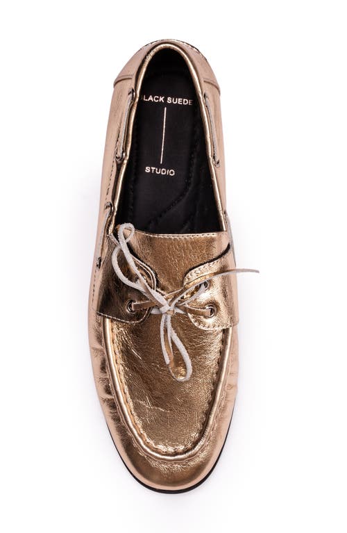 Black Suede Studio Davy Boat Shoe In Gold Crinkle