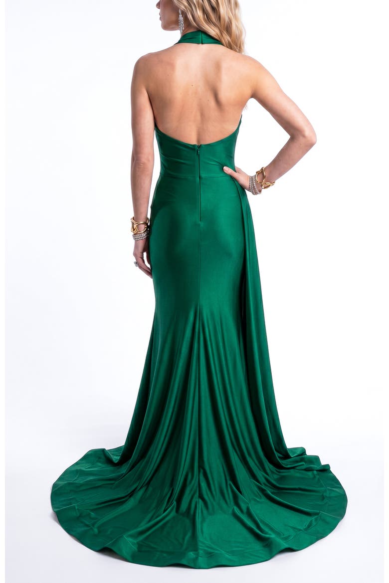 Ruched Halter Mermaid Gown With Side Drape and Slit, Alternate, color, Forest Green