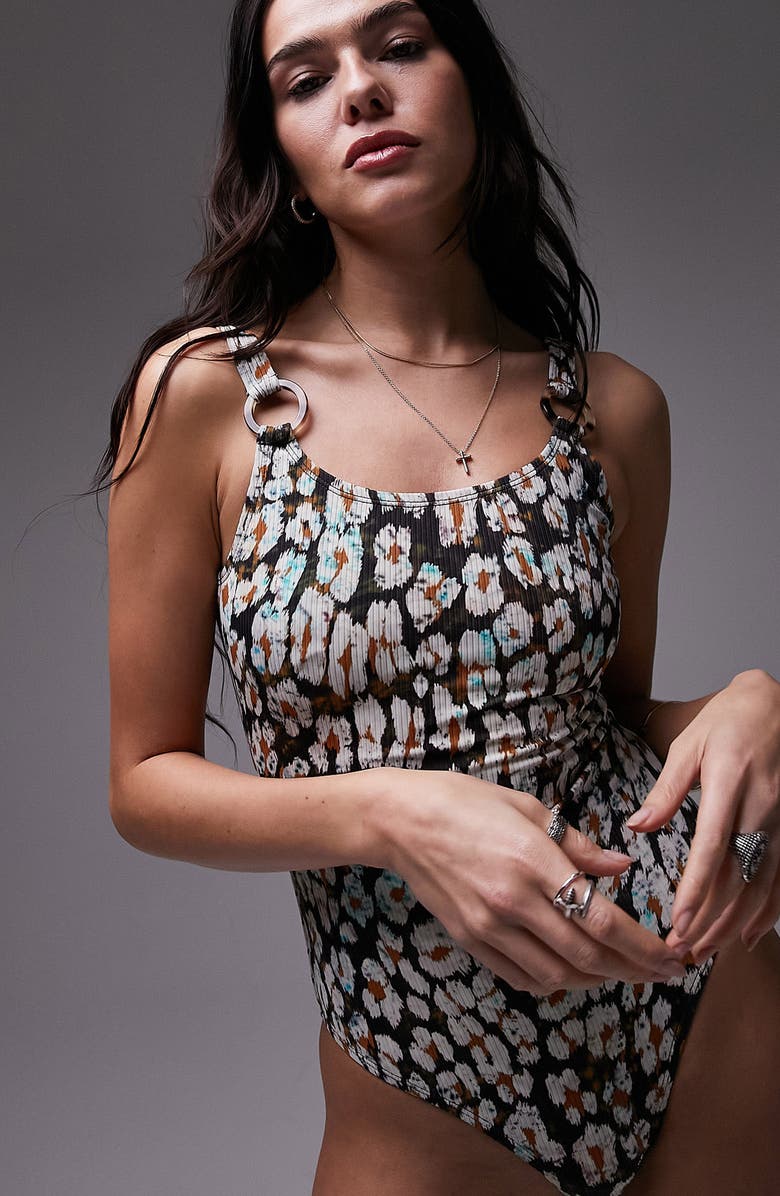 Topshop Leopard Print Ribbed One-Piece Swimsuit, Alternate, color, 