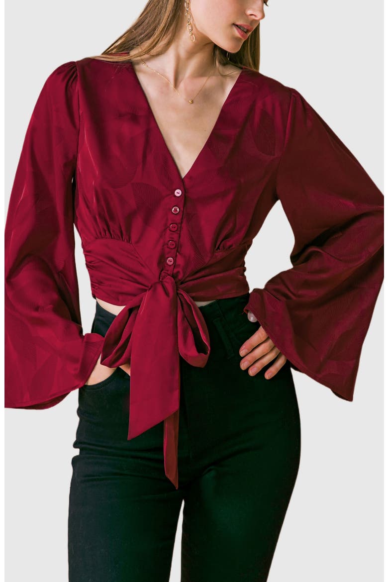 Front Tie Long Sleeve Satin Top, Alternate, color, BURGUNDY