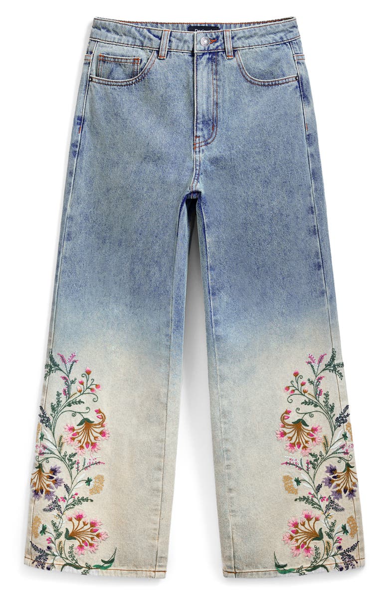 Desigual Floral Embroidery Ombré Crop Wide Leg Jeans, Alternate, color, Blue