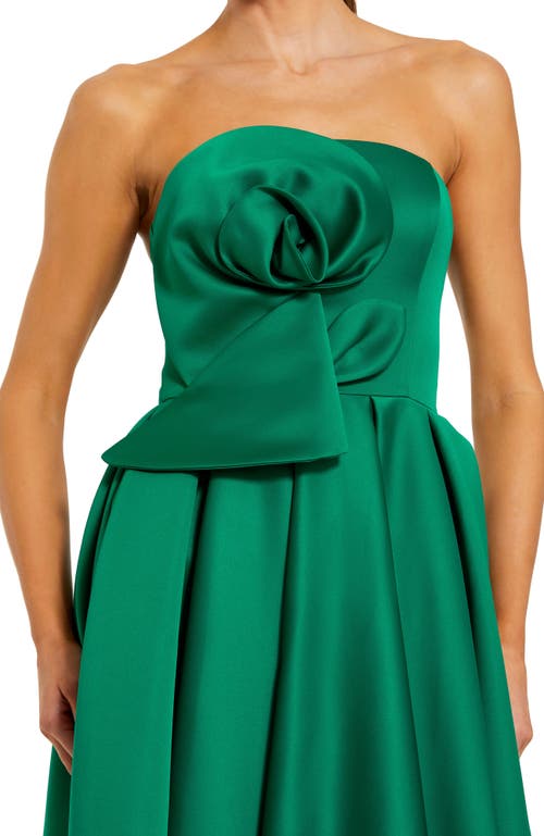 Mac Duggal Strapless Satin A Line Midi Dress With 3d Flower In Animal Print