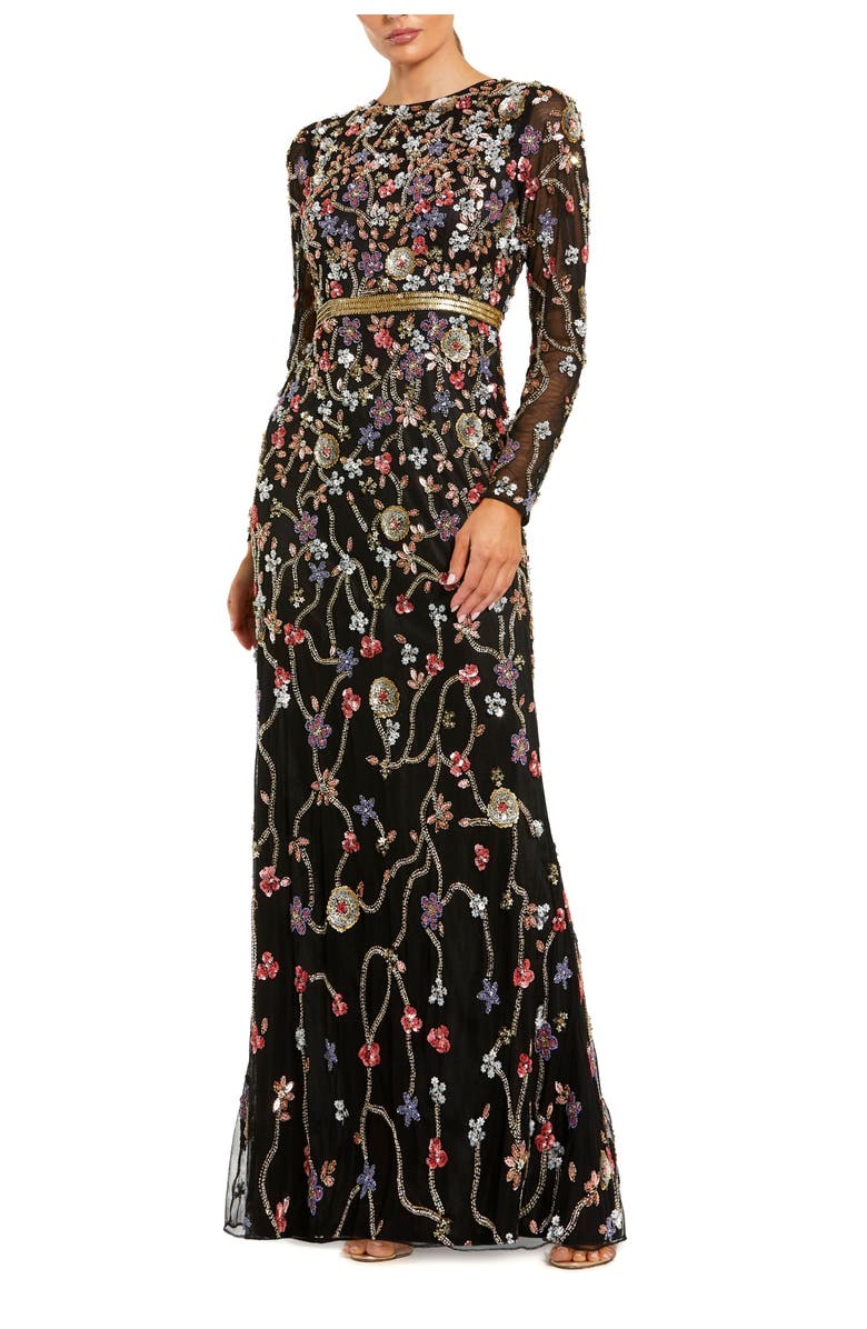 Mac Duggal Hand Embellished Long Sleeve High Neck Gown, Main, color, Black Multi