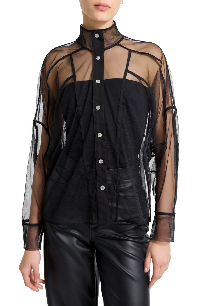 Lane Mesh Button-Up Shirt, Main, color, BLACK