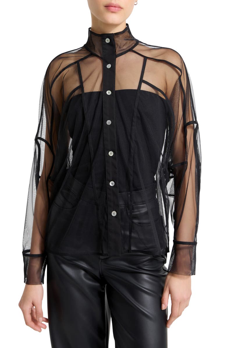 Marcella Lane Mesh Button-Up Shirt, Main, color, Black