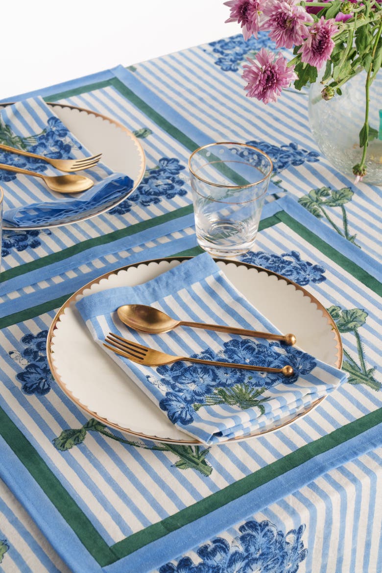Hydrangea Blockprint Napkins - Set of 4, Alternate, color, Blue