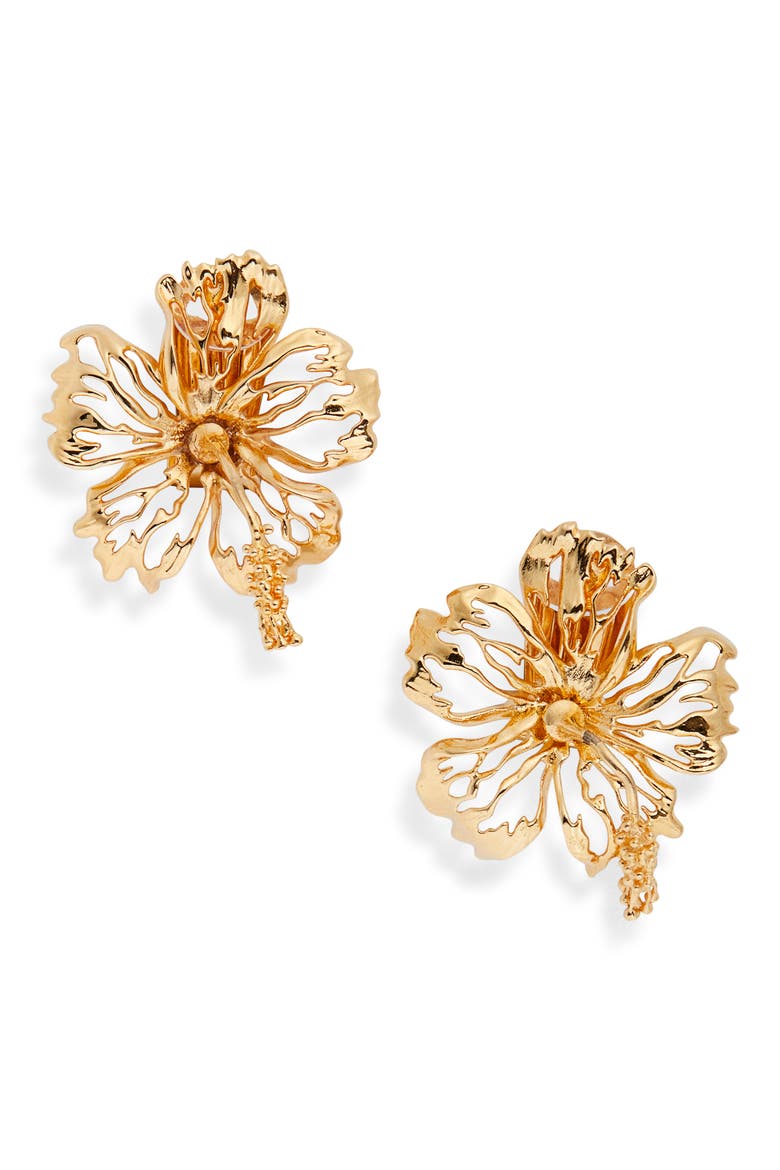 Small Hibiscus Earrings, Main, color, GOLD