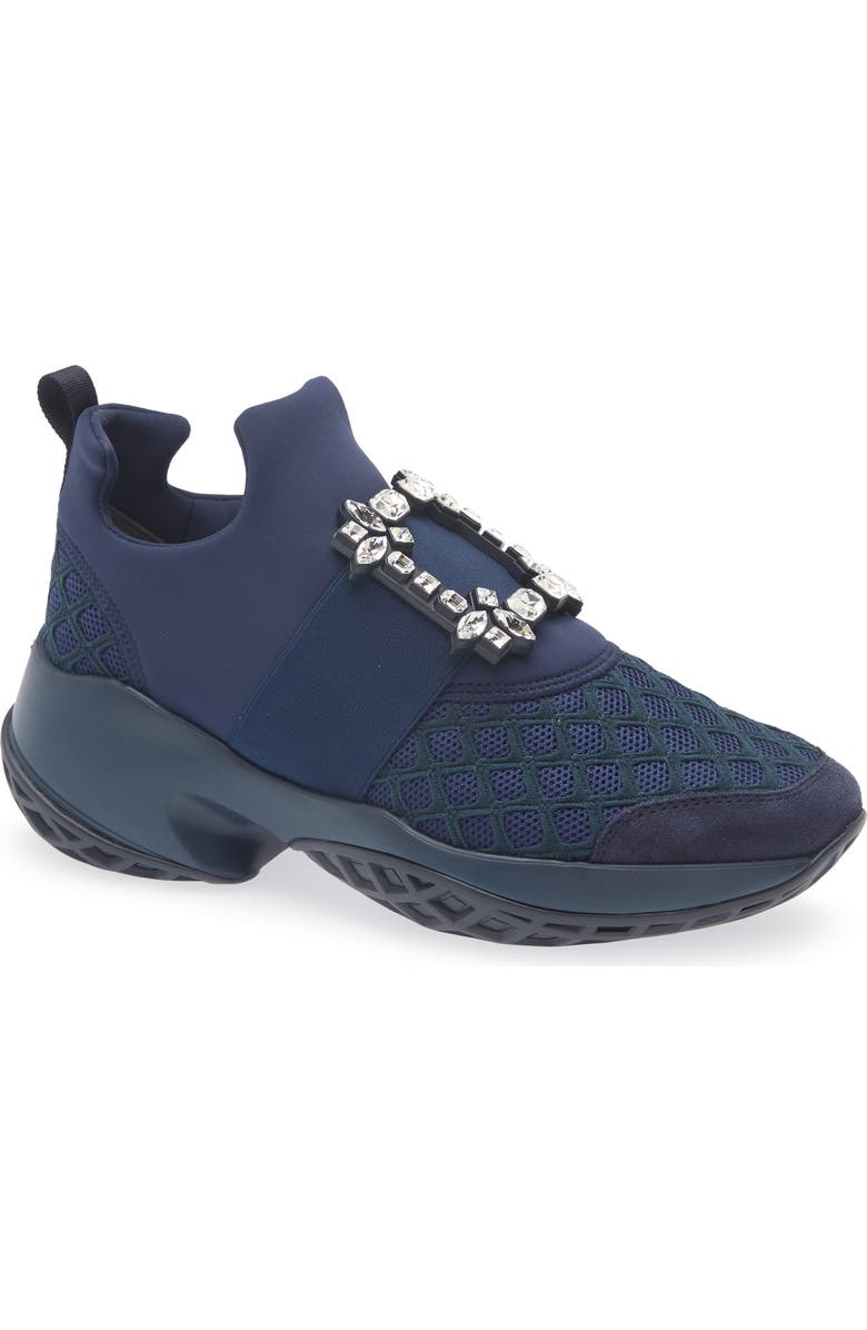 Roger Vivier Viv Crystal Buckle Slip-On Sneaker, Main, color, Blue Chiaro