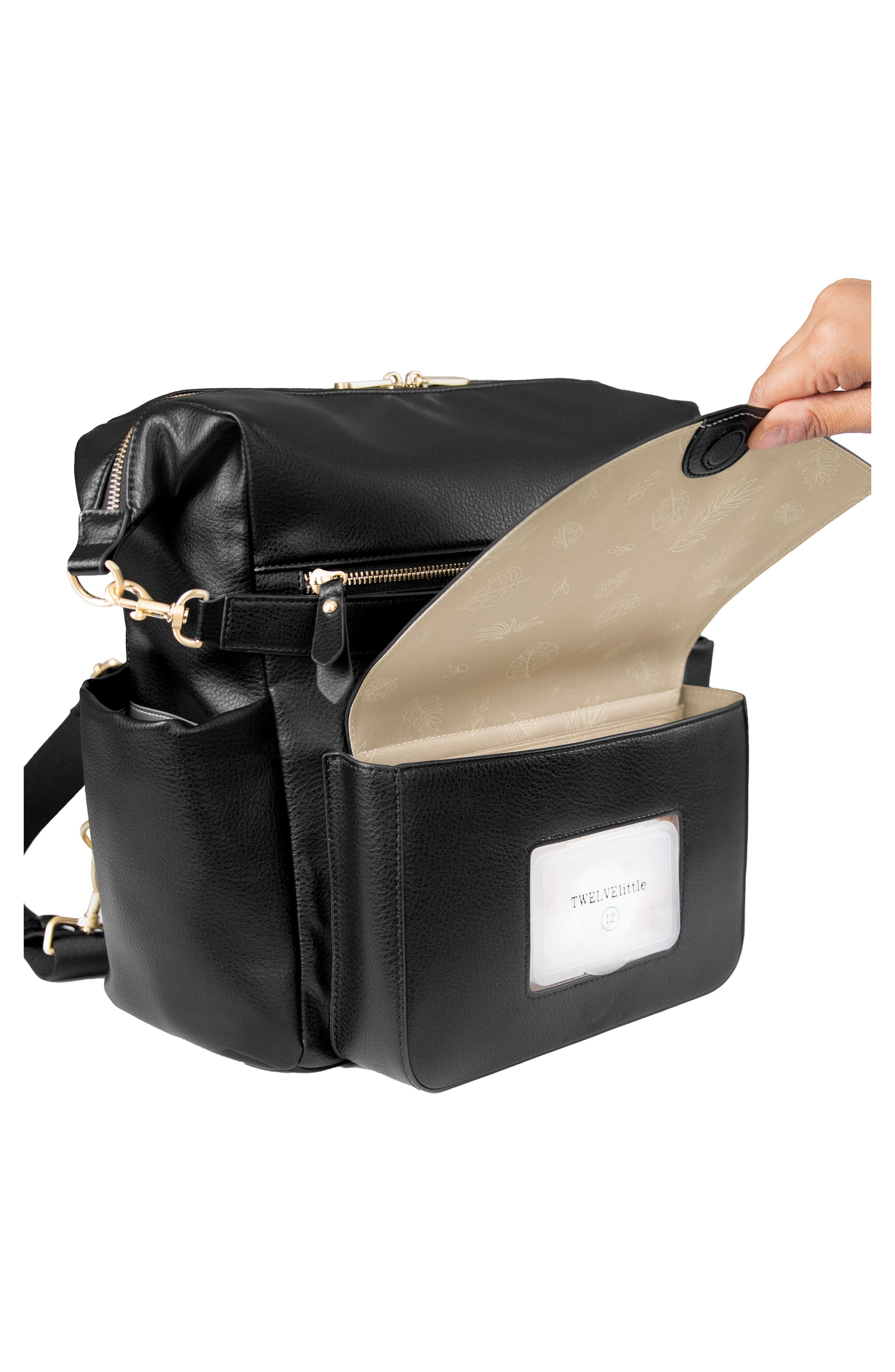 TWELVElittle Peekaboo Faux Leather Convertible Diaper Backpack, Alternate, color, Black