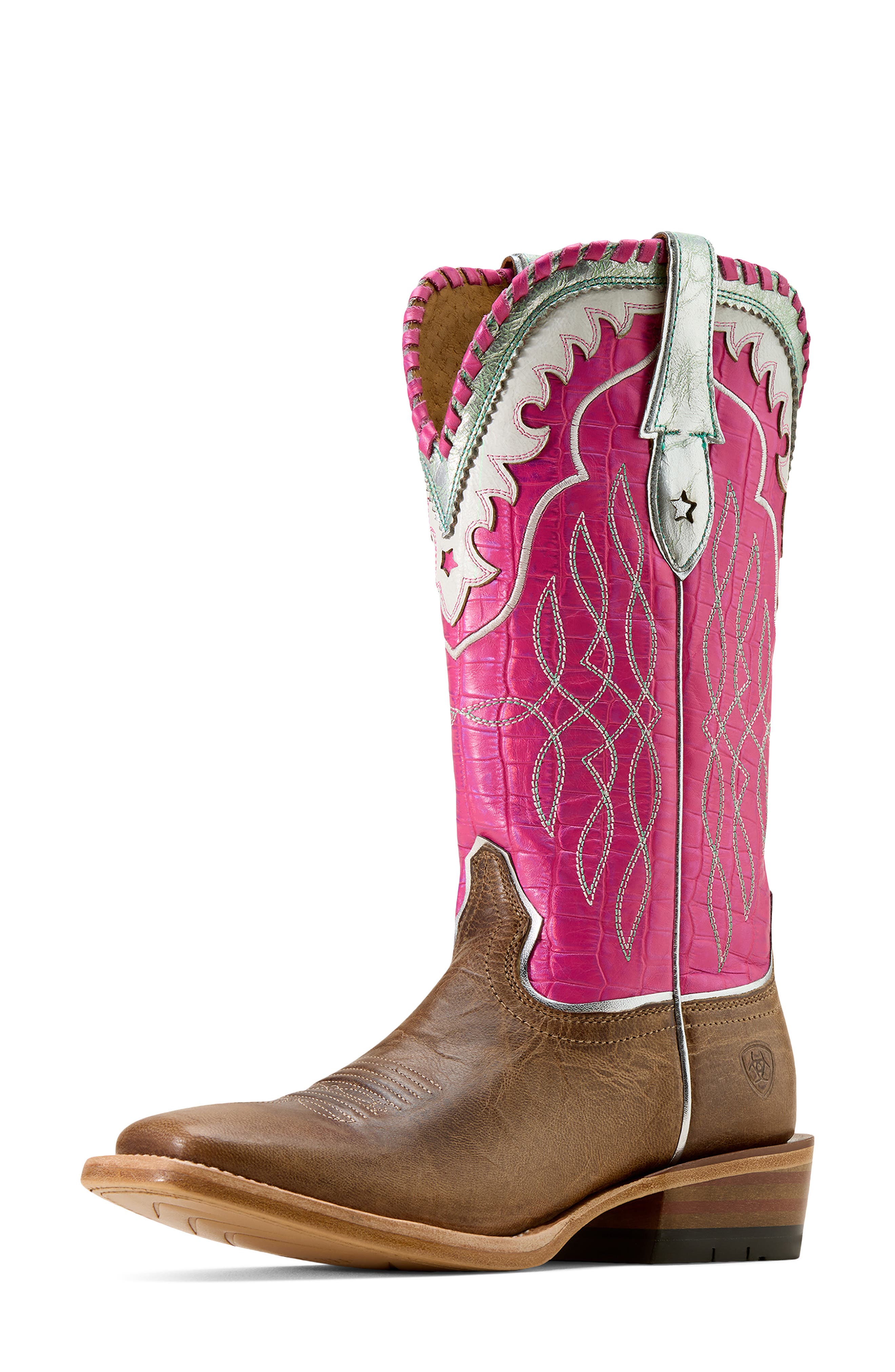 Riata Square Toe Western Boot, Alternate, color, FAWN/ KNOCKOUT PINK