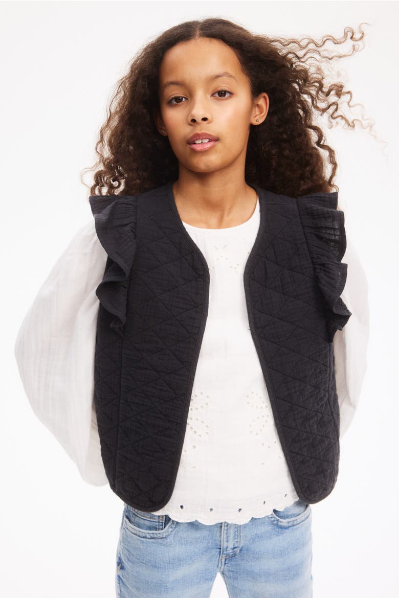 Flounced Cotton Muslin Waistcoat, Main, color, Black