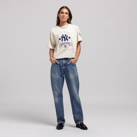 Women's Mitchell & Ness  Cream New York Yankees Cooperstown Yacht Rock Boxy Cropped T-Shirt