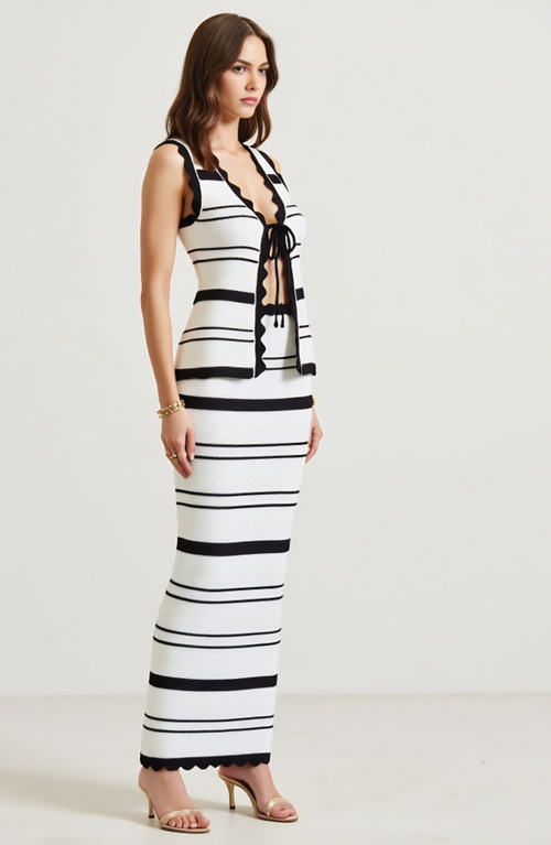 Modenaire Striped Knit Two-piece Set With Tie Front And Maxi Skirt In Multi