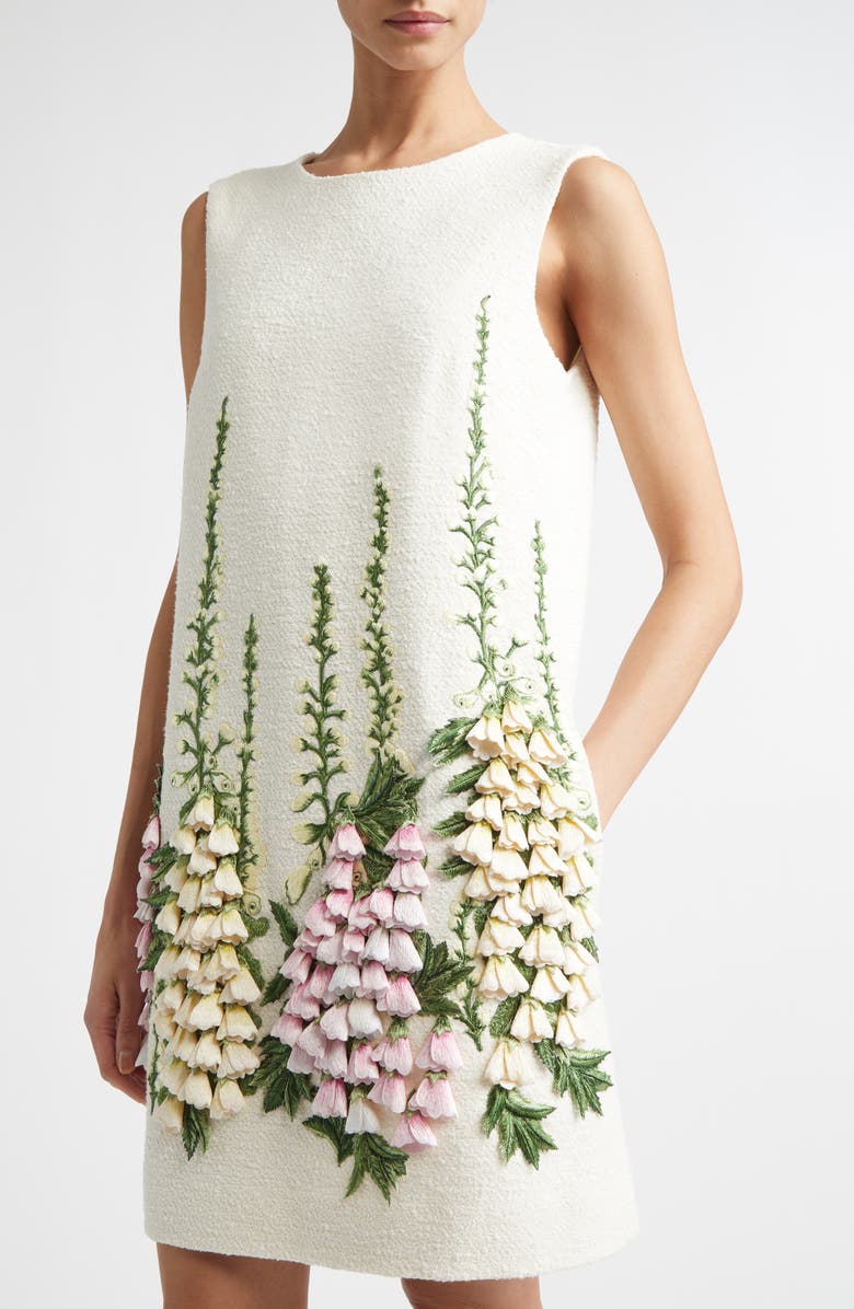 Oscar de la Renta Floral Embroidered Tweed Dress, Alternate, color, Ivory
