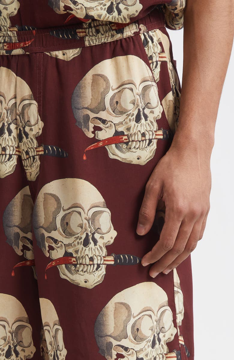 ENDLESS JOY Skull Print Crepe Shorts, Alternate, color, Oxblood