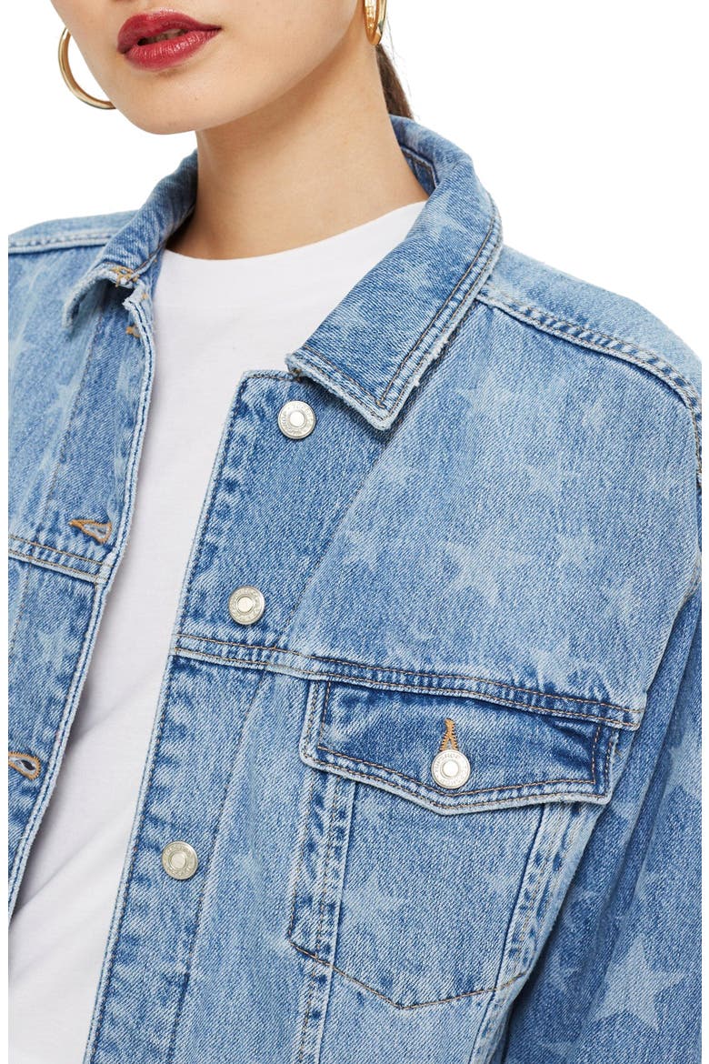 MOTO Laser Star Print Boxy Denim Jacket, Alternate, color, MID DENIM MULTI