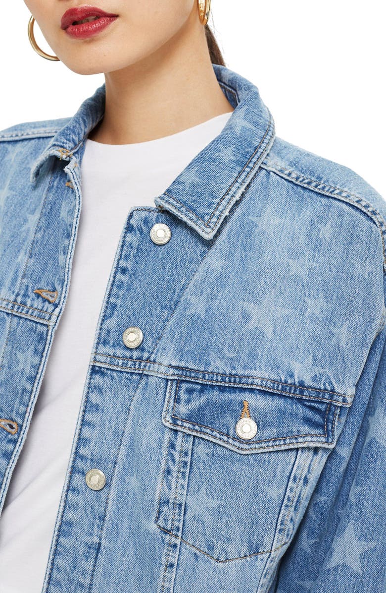Topshop MOTO Laser Star Print Boxy Denim Jacket, Alternate, color, 
