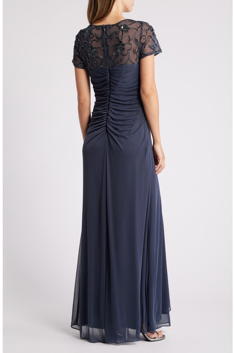 Beaded Short Sleeve Ruched Gown, Alternate, color, CHARCOAL BLUE