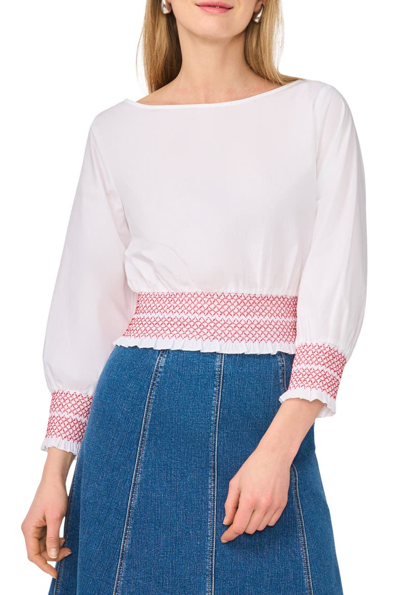 Boat Neck Long Sleeve Smocked Top, Main, color, ULTRA WHITE