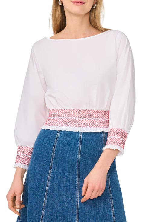 Boat Neck Long Sleeve Smocked Top