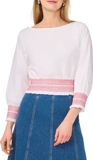 1.STATE Boat Neck Long Sleeve Smocked Top