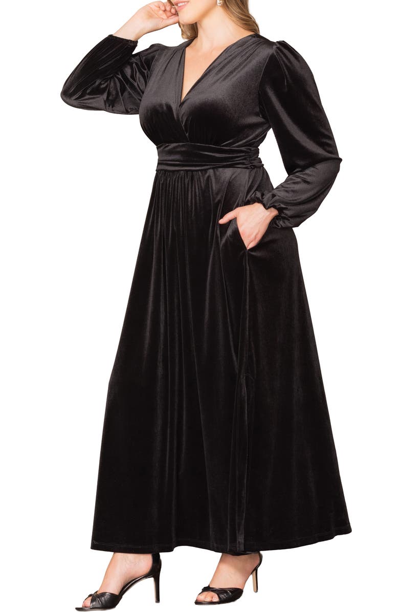Kiyonna Vivienne Long Sleeve Velvet Gown, Alternate, color, Onyx