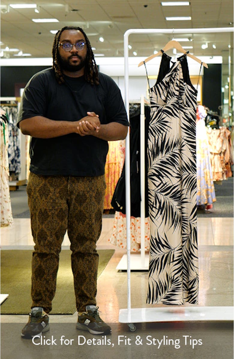 Bead Detail Palm Print Satin Sheath Gown, sales video thumbnail