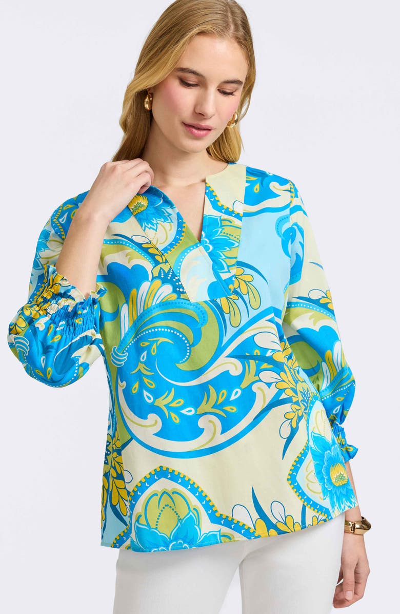 Foxcroft Alicia Floral Cotton Popover Top, Alternate, color, Blue/ Green/ White