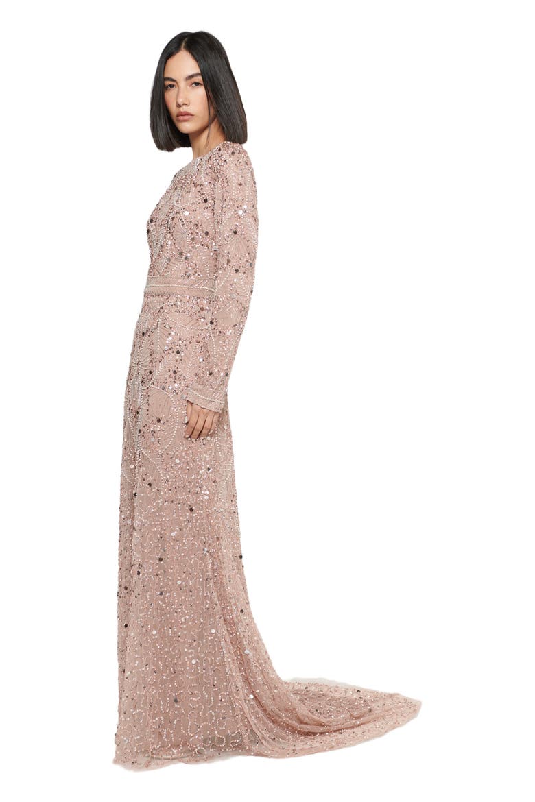Modest Embellished Sequin Beaded Dress Maxi in Blush, Alternate, color, RUST