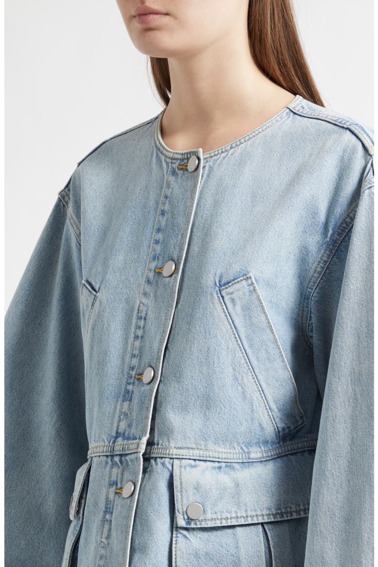 Collarless Trapeze Denim Jacket, Alternate, color, LIGHT BLUE
