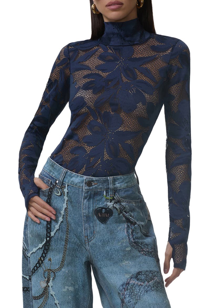 Zadie Turtleneck Sheer Lace Top, Main, color, BLACK IRIS