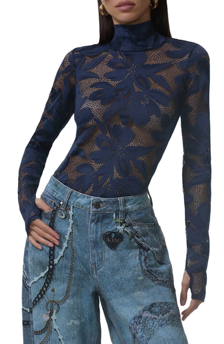 AFRM Zadie Turtleneck Sheer Lace Top, Main, color, Black Iris