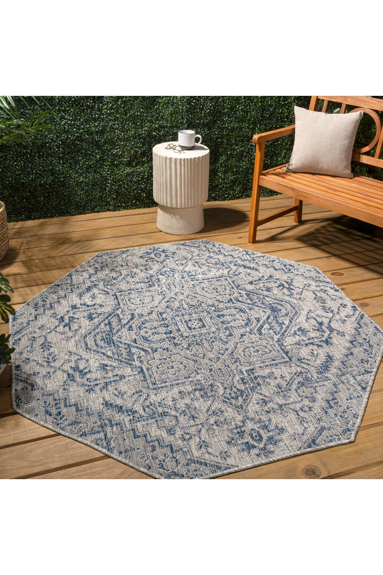 Estrella Bohemian Medallion Textured Weave Octagon Indoor/Outdoor Area Rug, Alternate, color, Navy/Gray