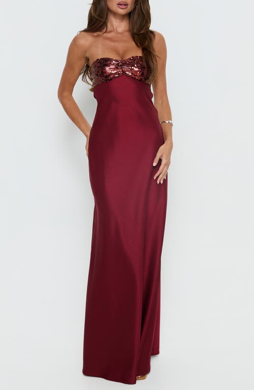 Princess Polly See the Vision Sequin & Satin Strapless Gown in Burgundy at Nordstrom, Size 6