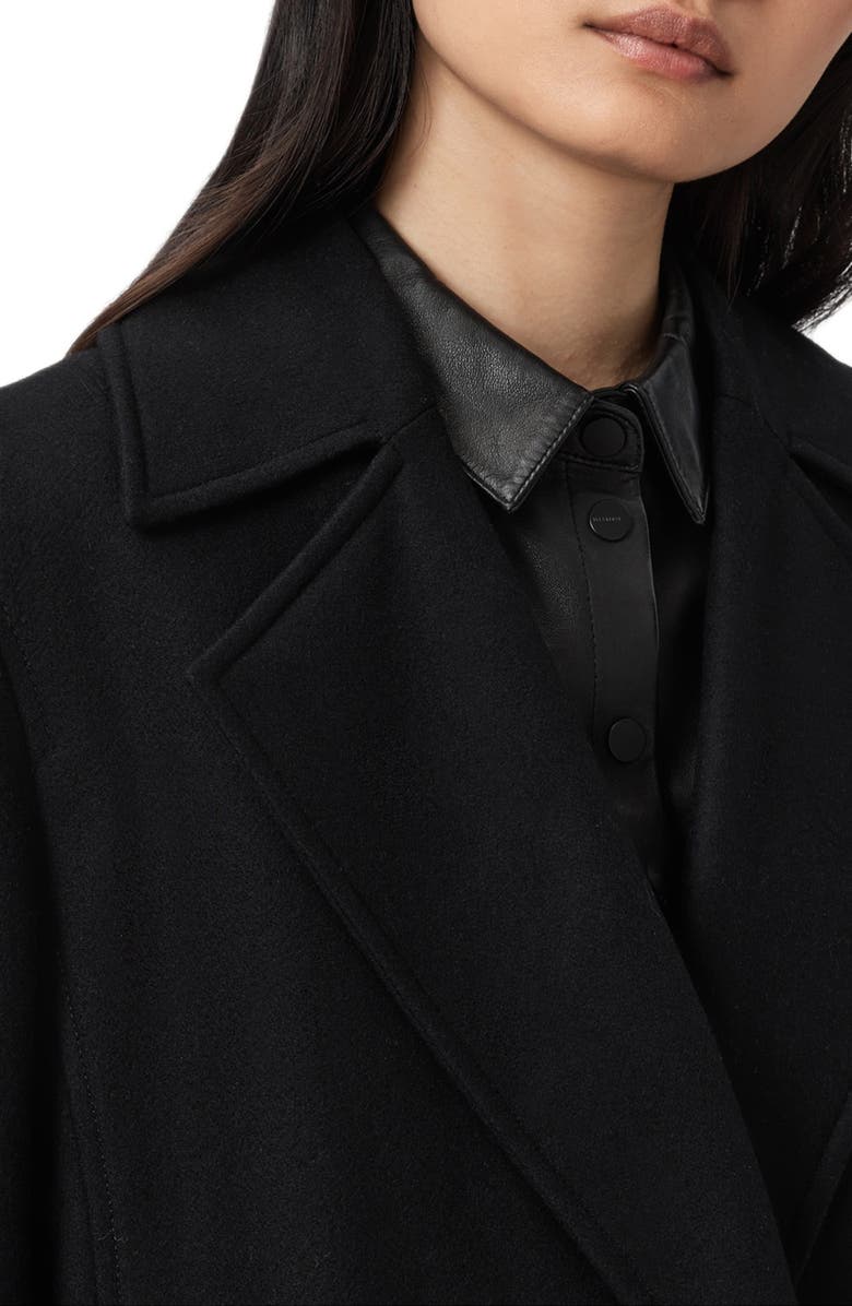 AllSaints Sellma Leather Trim Wool Blend Coat, Alternate, color, Black