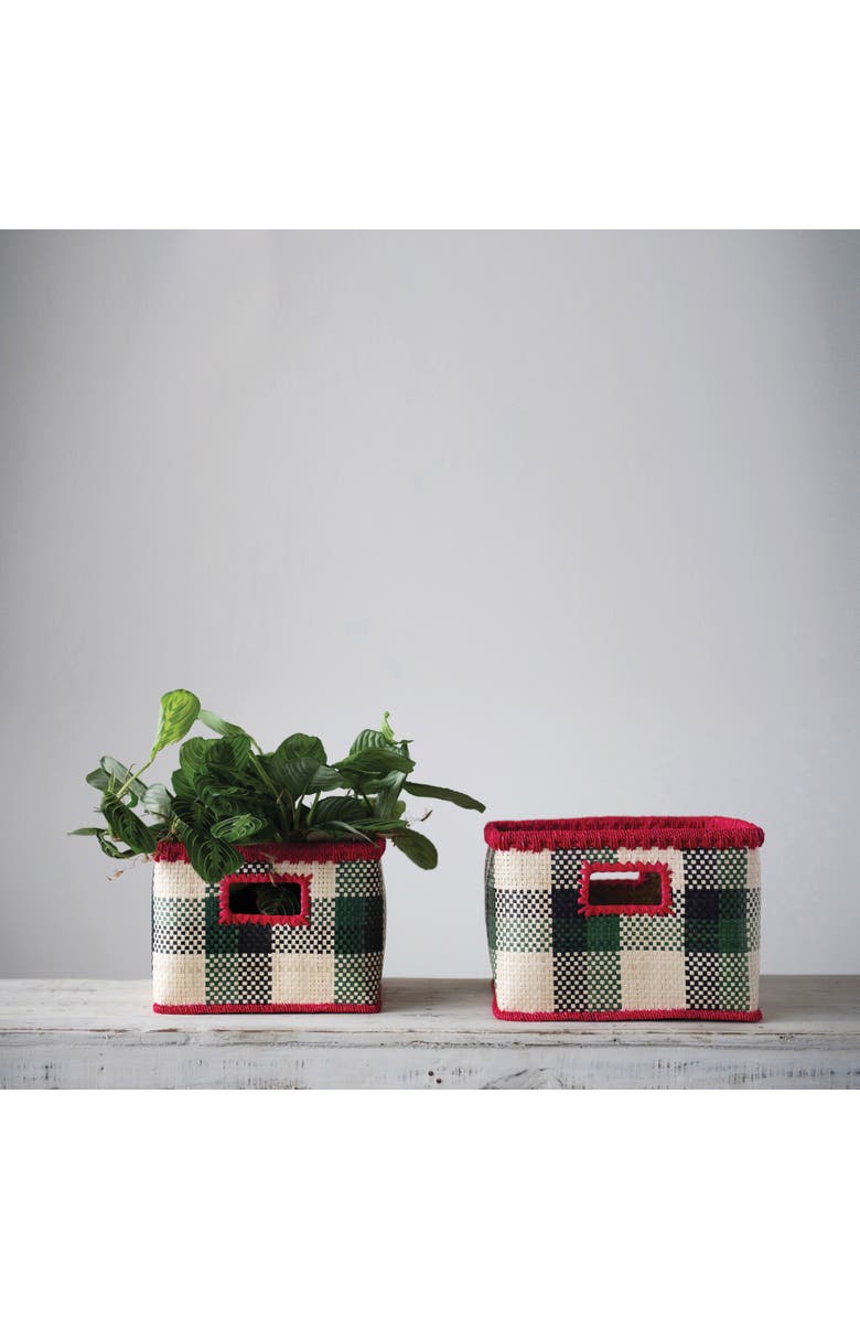 Storied Home Hand-Woven Seagrass Baskets with Check Pattern & Fuchsia Trim, Black, Green & Natural, Set of 2, Alternate, color, Black