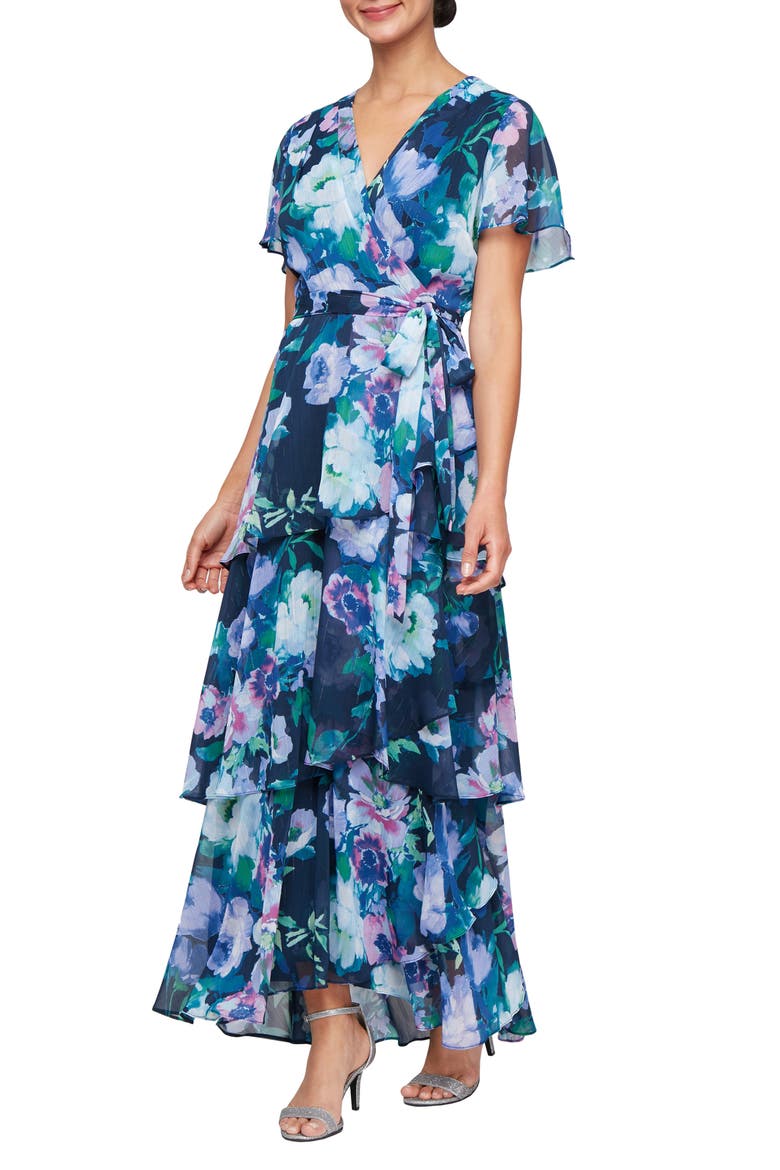 Floral Tiered Gown, Main, color, BLUE/ MULTI