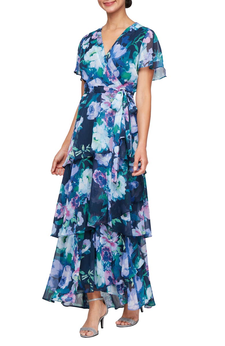 SL FASHIONS Floral Tiered Gown, Main, color, 