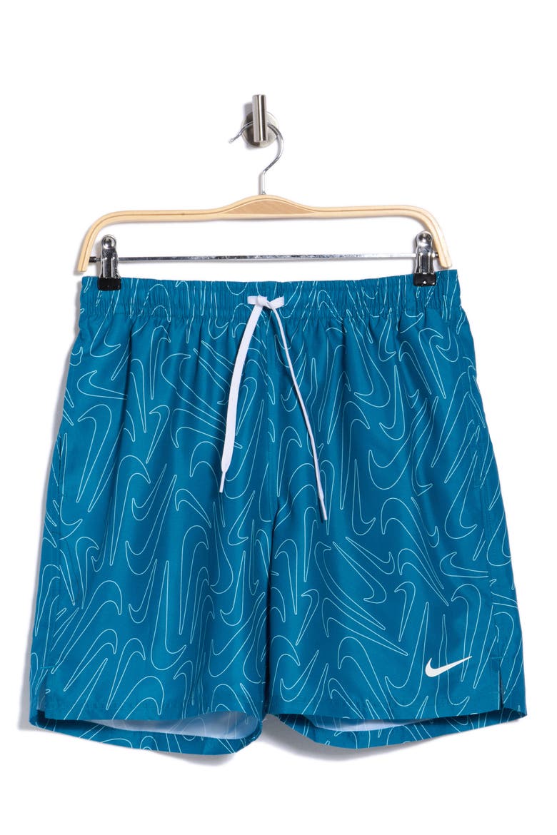 Breaker Tossed Swoosh Swim Trunks, Alternate, color, GREEN ABYSS