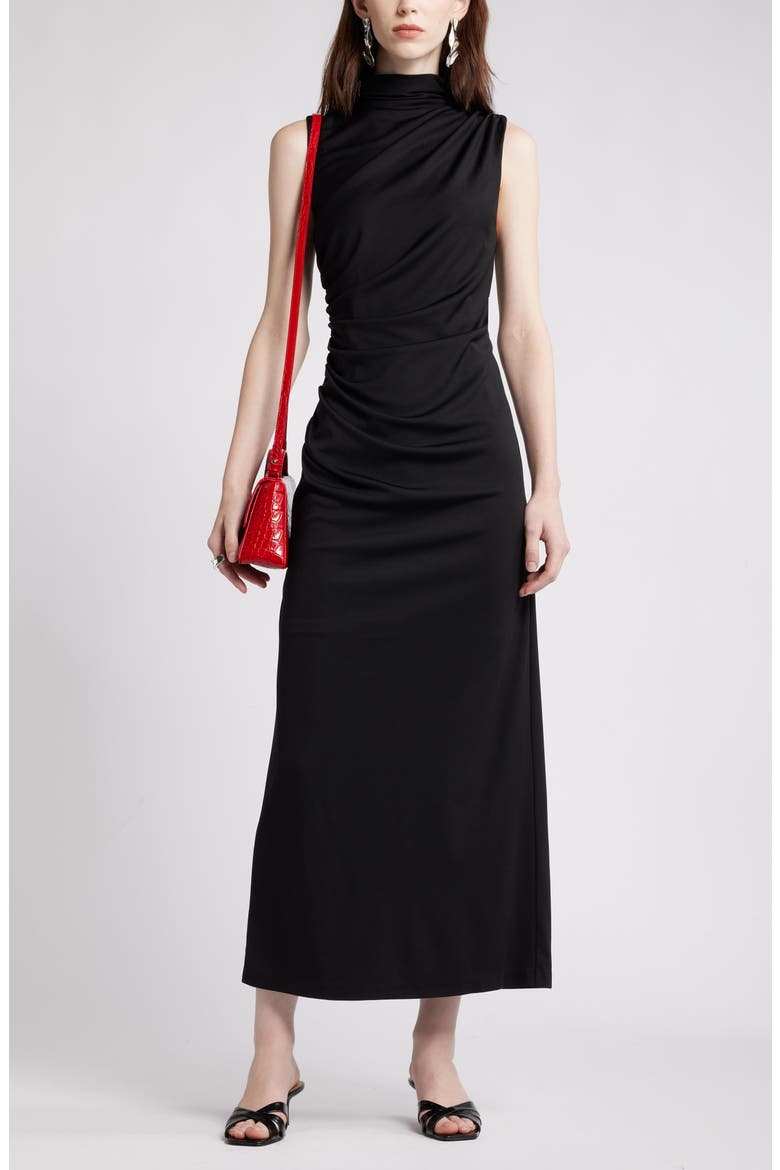 Ruched Mock Neck Sleeveless Maxi Dress, Main, color, BLACK